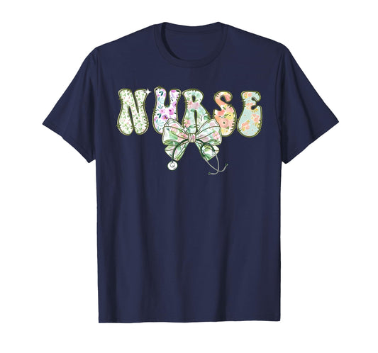 Preppy Nurse Floral Coquette Blue Stethoscope Bow Nurse Life T-Shirt