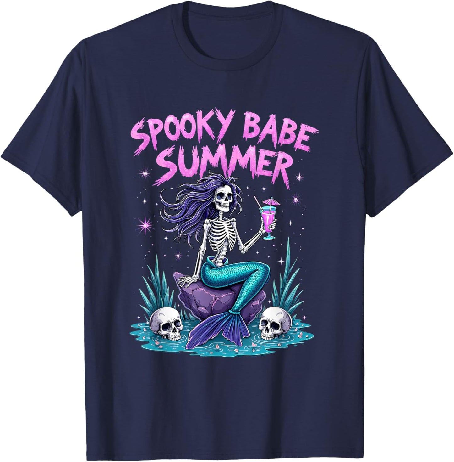 Spooky Babe Summer Gothic Mermaid Skeleton Crystal Ocean T-Shirt