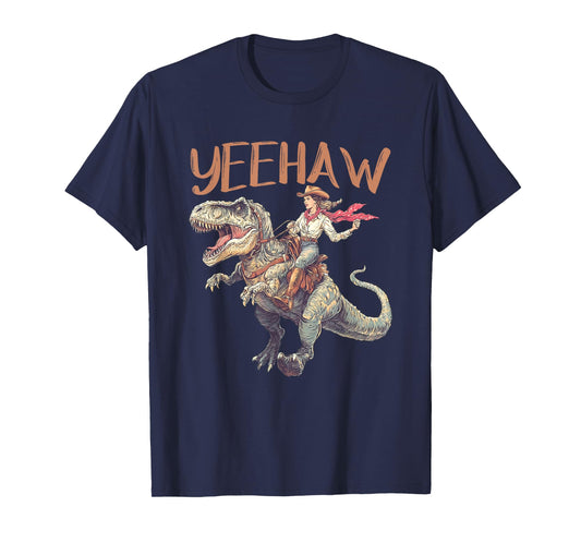 Funny Cowgirl Riding T-Rex Western Dinosaur Rodeo Yeehaw T-Shirt