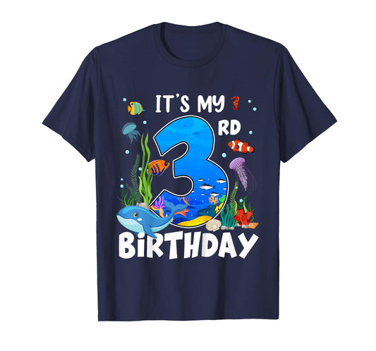 3 Year Old Ocean Life Whale Dolphin Shark 3rd Birthday T-Shirt