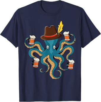 Funny Oktoberfest Octopus with Beer German Hat - Oktoberfest T-Shirt