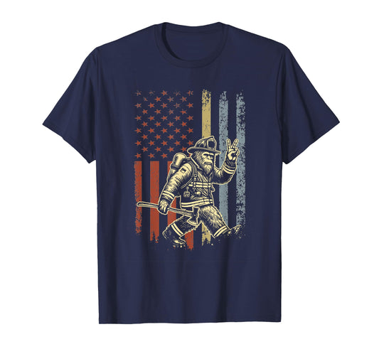 Retro American Flag Bigfoot Firefighter Sasquatch Fireman T-Shirt