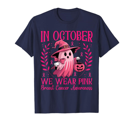 in October We Wear Pink Ghost Witch Breast Cancer Awareness T-Shirt