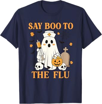 Retro Nurse Ghost Halloween Vaccine Say Boo to The Flu T-Shirt