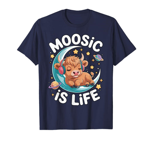 Funny Moosic is Life Cute High Land Cow On Moon Women, Girls T-Shirt