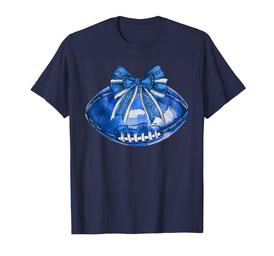 Cool Blue American Football Wearing Coquette Bow Game Day T-Shirt