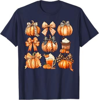 Retro Thanksgiving Pumpkin Coquette Bow Pumpkin Spice Plaid T-Shirt
