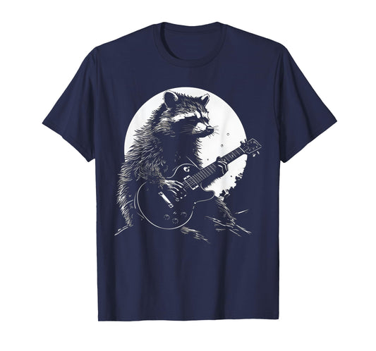 Racoon Playing Guitar with Moon Funny Raccoon Meme Guitarist T-Shirt
