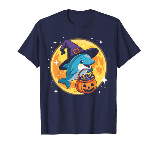 Halloween Dolphin Witch Hat Pumpkin Ocean Spooky Costume T-Shirt