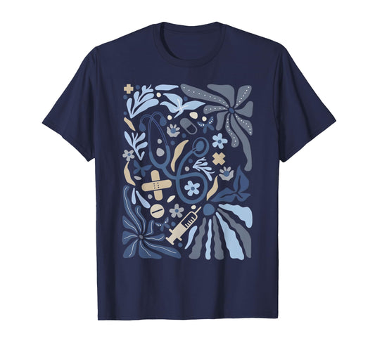 Boho Floral Nurse Vintage Botanical Blue Flowers Stethoscope T-Shirt