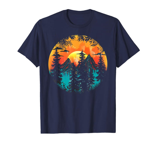 Retro Forest Mountain Vintage Trees Wildlife Nature Lover T-Shirt