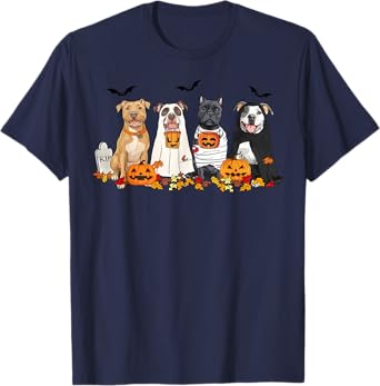 Pit Bull Dogs Ghost Witch Mummy Halloween Pumpkins Spooky T-Shirt