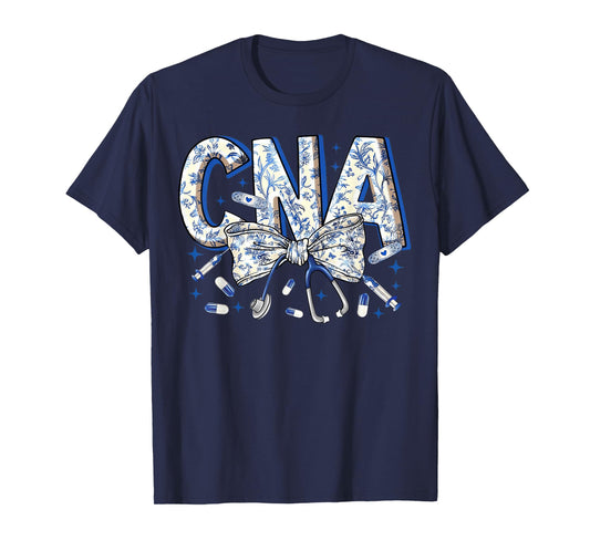 Coquette CNA Nurse Blue Floral Stethoscope Bow Cute Nurse T-Shirt