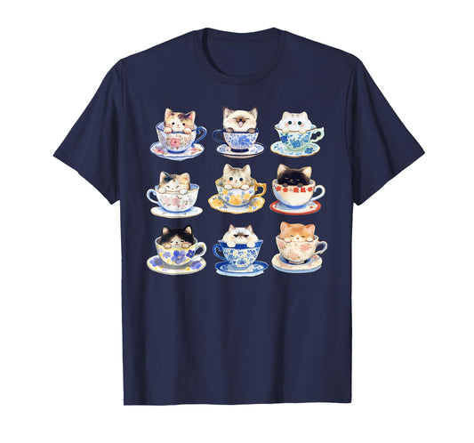 Watercolor Cute Kitten On Teacups Cat Lover Aesthetic Floral T-Shirt