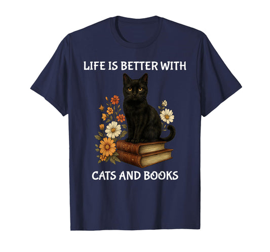 Life Is Better With Cats And Books Cute Cat Lover T-Shirt for Men Women Kids