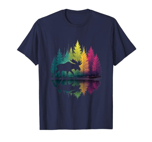 Moose Reflection Rainbow Trees Nature Lovers Tee T-Shirt