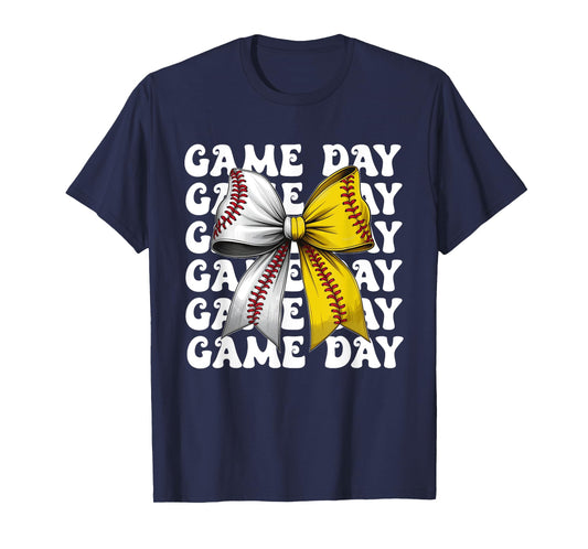 Baseball Softball Coquette Bow Game Day Women Mama Mom Life T-Shirt