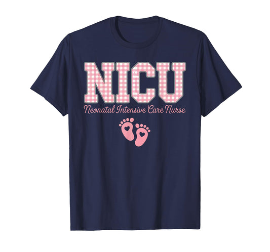NICU Nurse Neonatal Care Pink Gingham Heart Baby Footprints T-Shirt