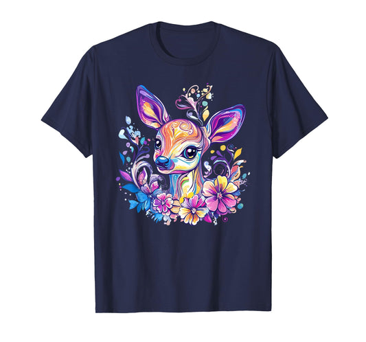 Whimsical Deer With Colorful Floral Pattern T-Shirt