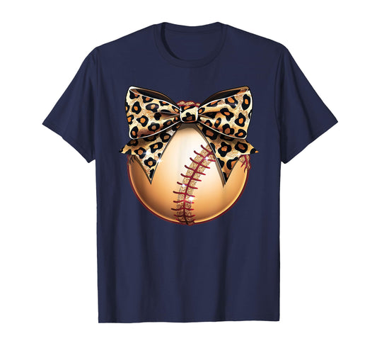 Cute Leopard Cheetah Print Ribbon Bow Baseball Mom Sister T-Shirt
