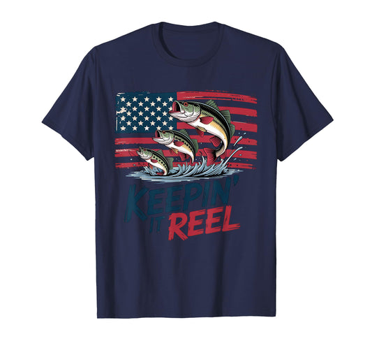 Keepin It Reel Bass Fishing American Flag - Patriotic Angler T-Shirt