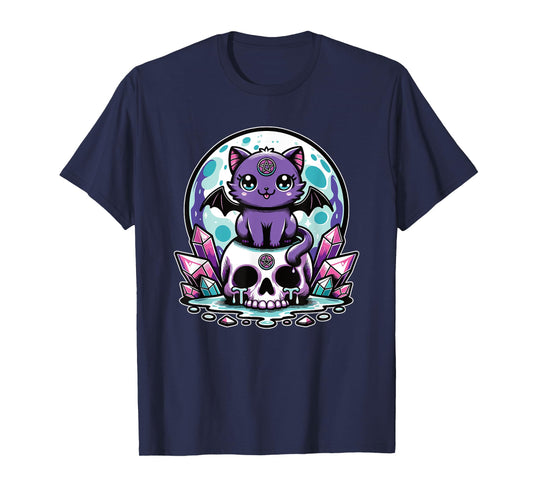 Kawaii Pastel Goth Cute Creepy Cat Bat Skeleton T-Shirt