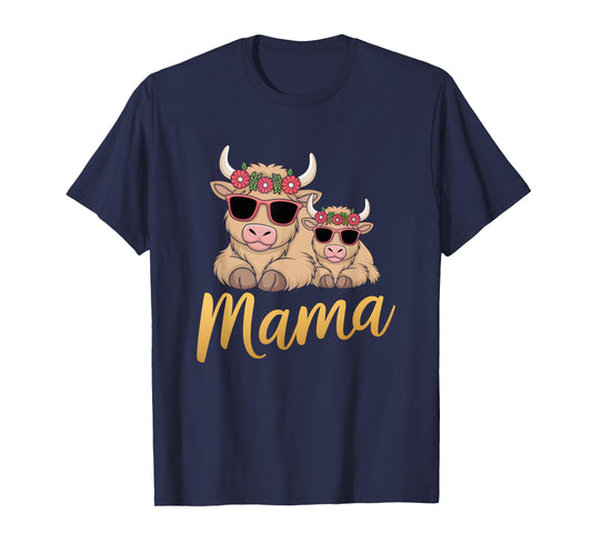 Mama Highland Cow With Baby Calf Mothers Day Family Floral T-Shirt