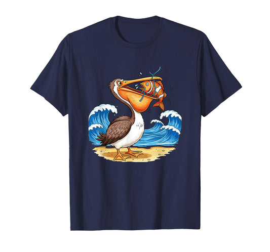 Pelican Catching Fish Beach Waves Scene T-Shirt