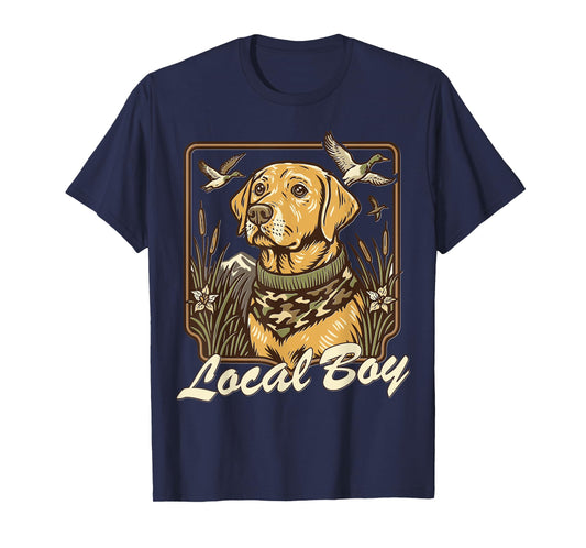 Local Boy Yellow Lab Hunting Dog Marsh Scene Sunset Vintage T-Shirt