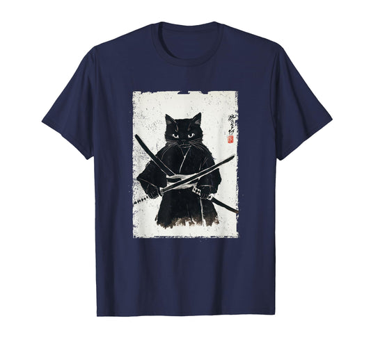 Vintage Samurai Cat Graphic Art Japanese Ukiyo-e T-Shirt