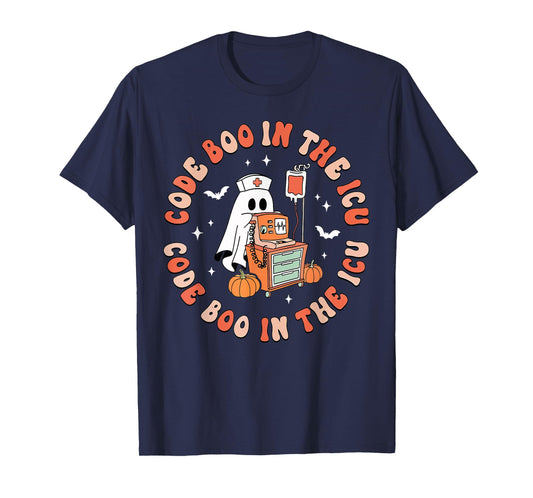 Retro Halloween Micu Sicu RN Nurse Ghost Code Boo in The ICU T-Shirt