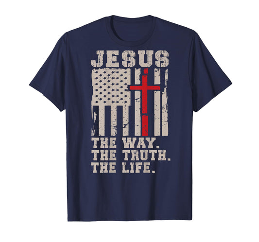 Christian Patriotic Jesus Way Truth Life American Flag Cross T-Shirt