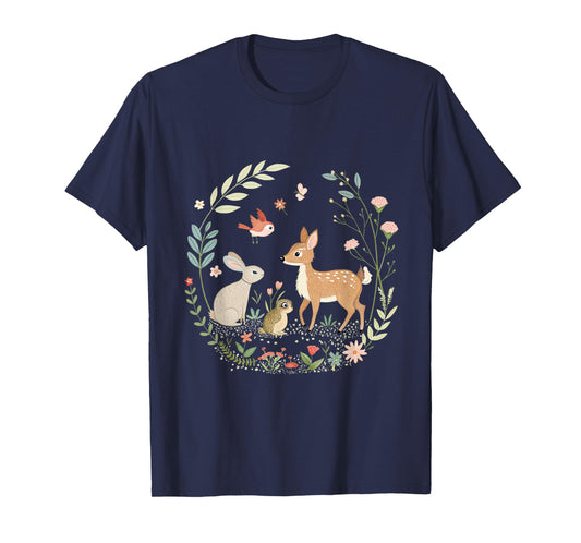 Woodland Animals in Cottagecore Garden Fawn Rabbits Songbird T-Shirt