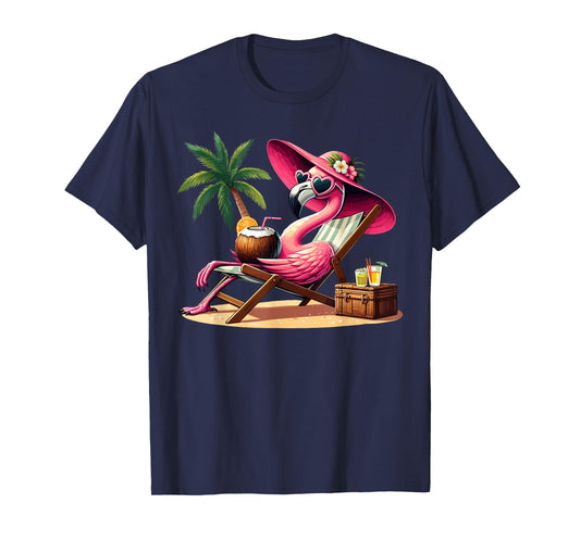 Pink Flamingo Summer Vibes Beach Palm Tree Summer Vacation T-Shirt