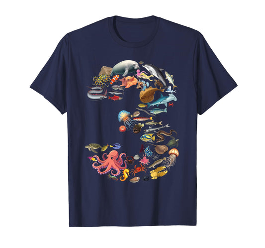 3 Years Old 3rd Birthday Sea Ocean Animals Figures Number 3 T-Shirt
