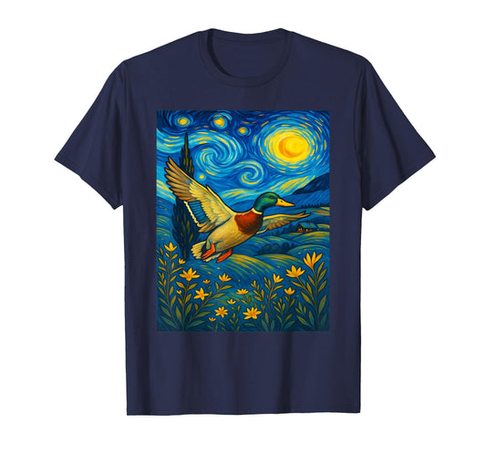 Starry Night Mallard Duck Van Gogh Style Hunting Farmer Farm T-Shirt