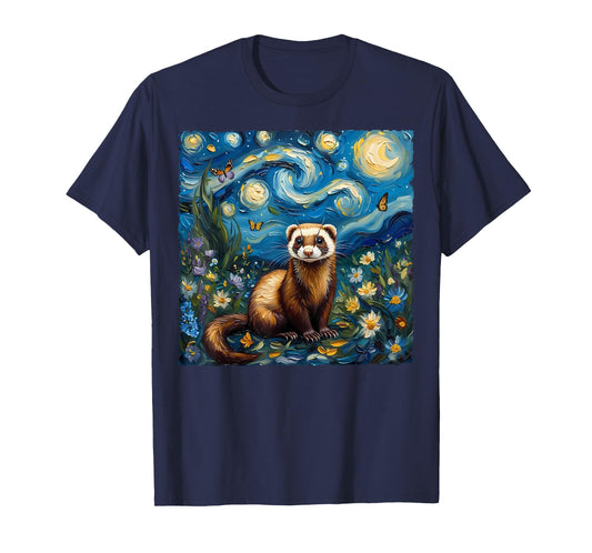 Van Gogh's Starry Night Style Earth Day Ferret Wildlife Art T-Shirt