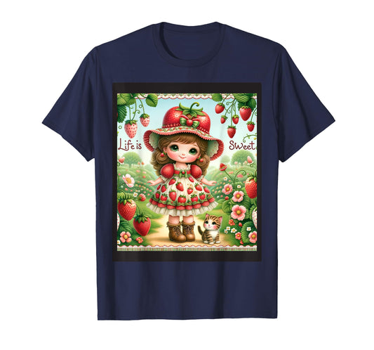 Cute Life Is Sweet Strawberry Cake Vintage Berry Garden T-Shirt