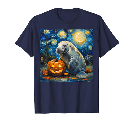 Manatee Pumpkin Van Gogh The Starry Night Halloween Artwork T-Shirt