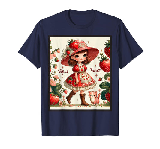 Cute Life Is Sweet Strawberry Cake Vintage Berry Garden T-Shirt