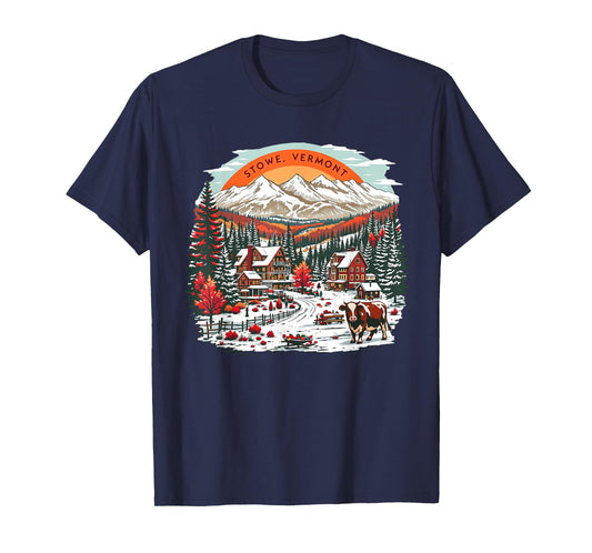 Vintage Stowe Vermont Sunset Mountains Cityscape Retro T-Shirt