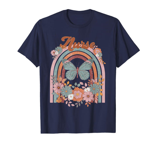Nurse Vintage Floral Boho Hippie Rainbow Butterfly Men Women T-Shirt