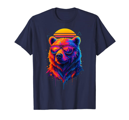 Retro Bear Wearing Sunglasses Wildlife Graphic Colorful Bear T-Shirt