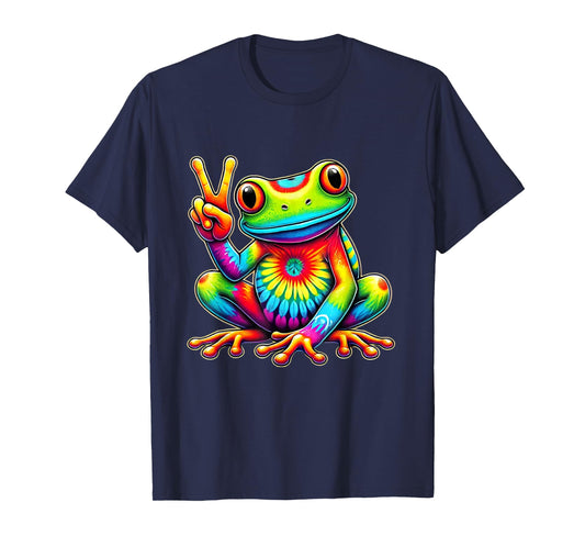 Tie-Dye Frog Holding Peace Sign Funny Hippie T-Shirt