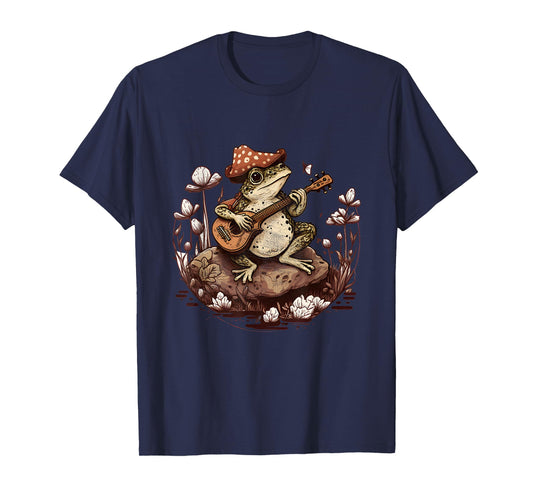 Aesthetic Vintage Frog Store Co. Vintage Toad Frog Playing Banjo Mushroom Cottagecore Unisex-Adults & Kids T-Shirt - Black, Small
