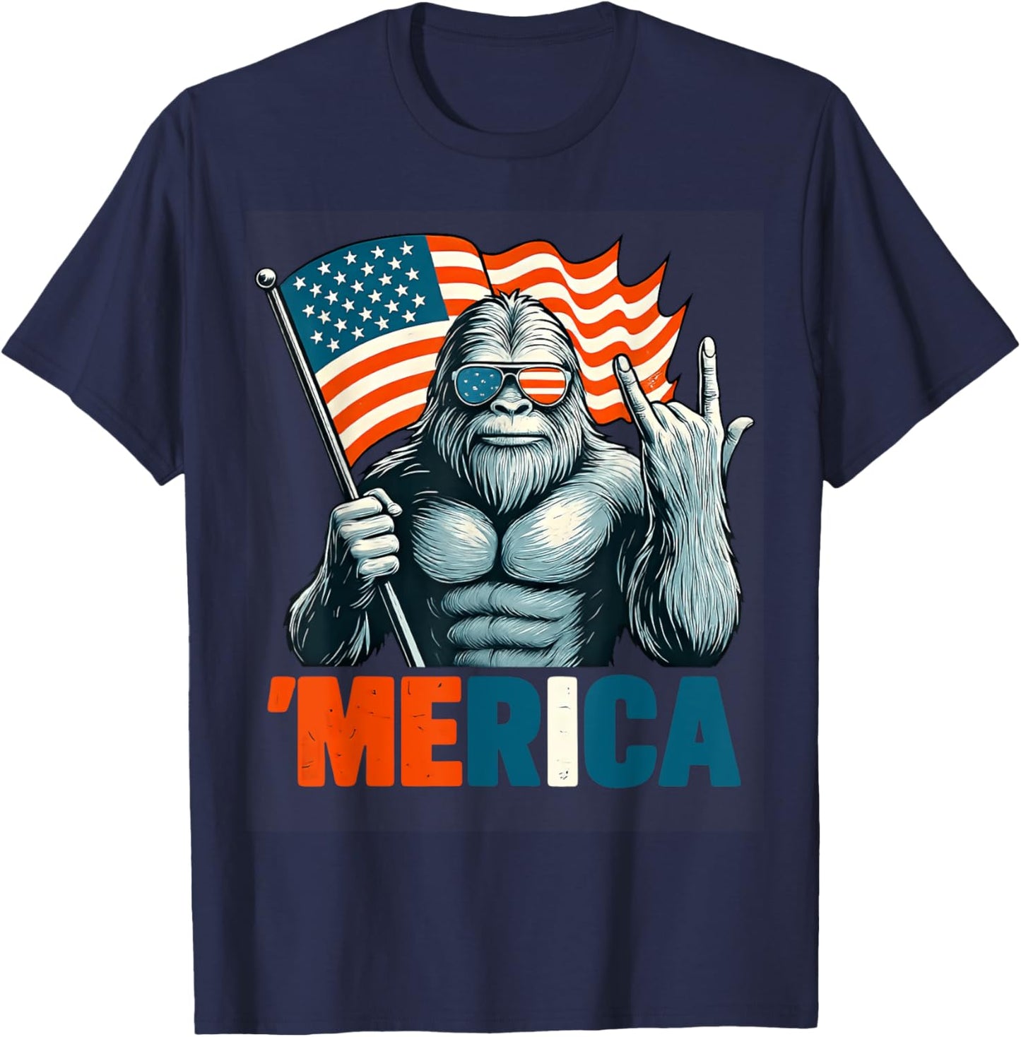 Bigfoot Merica Rock Patriotic American Flag 4th Of July T-shirt