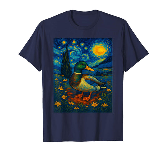 Starry Night Mallard Duck Van Gogh Style Hunting Farmer Farm T-Shirt