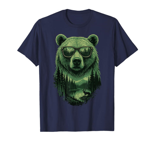 Bear Sunglasses Wildlife Deer Campfire Nature Vintage Forest T-Shirt