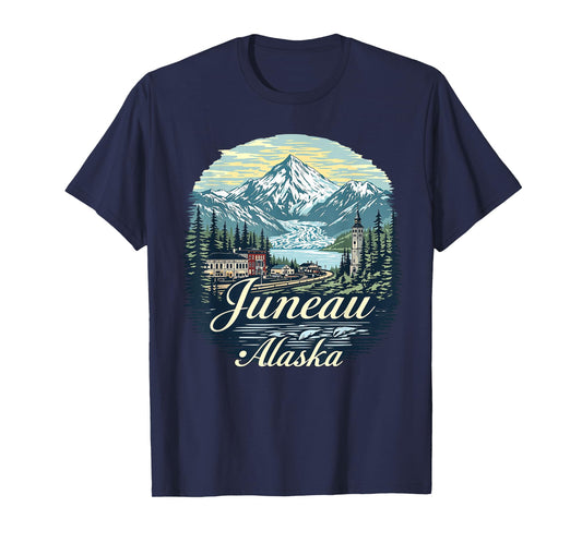 Vintage Juneau Alaska Sunset Skyline Mountains Cityscape T-Shirt