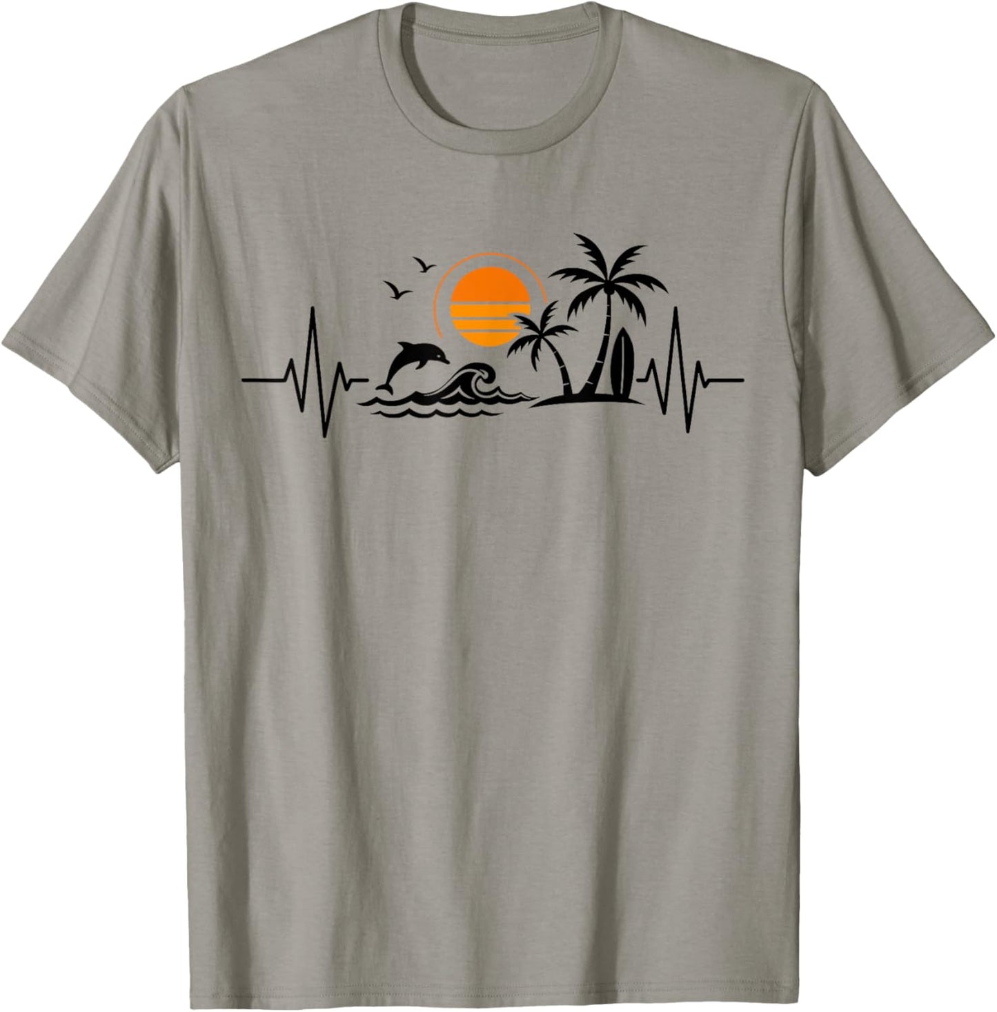 Island and Dolphin Heartbeat with Tropical Palm Trees Beach T-Shirt